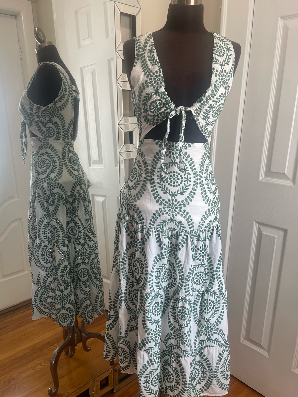 Zara White Maxi Dress with Green Leaf Medallion Print